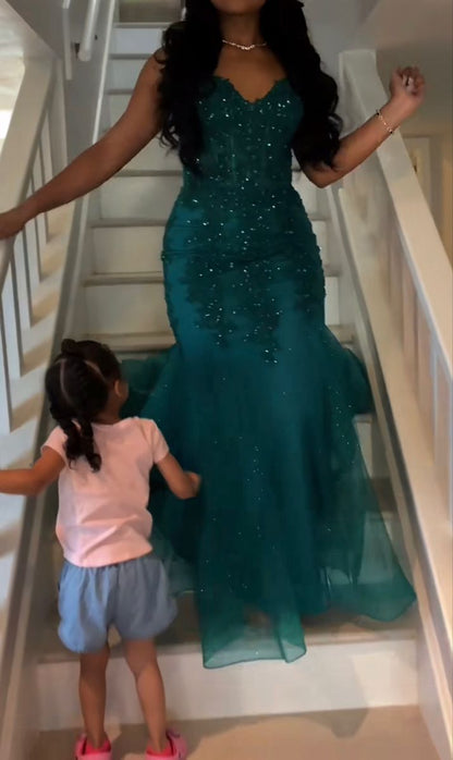 Sexy Mermaid Spaghetti Straps Jade Green Satin Beaded Applique Tulle Long Prom Dress,Evening Dress GG1410