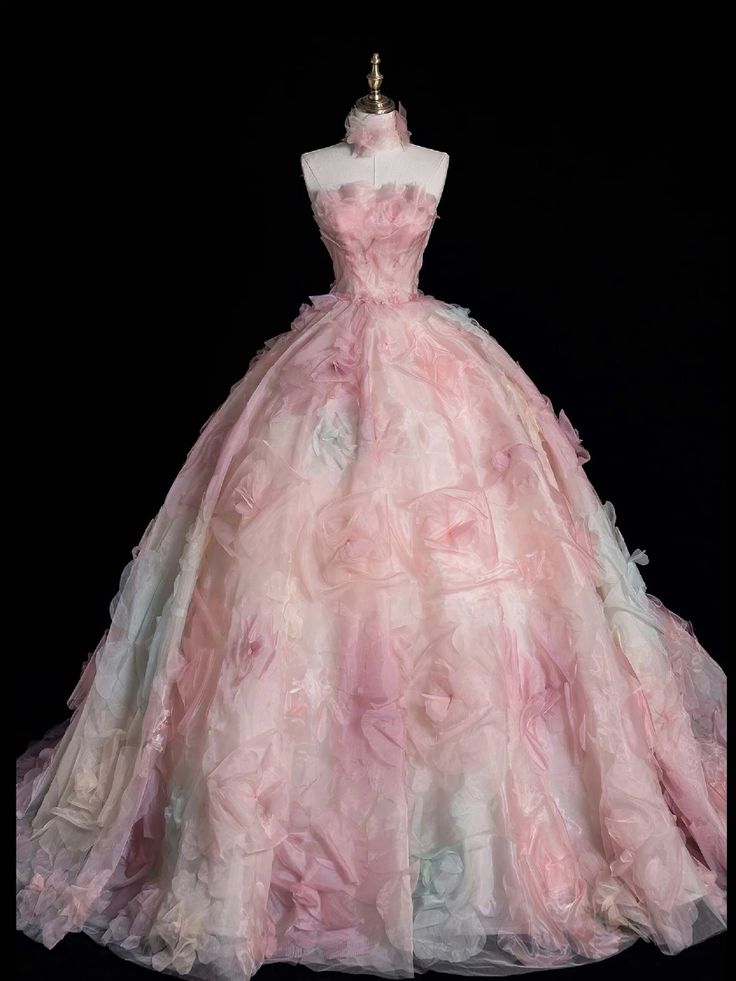 Princessful Ball Gown Strapless Pink Tulle Flower Long Prom Dress,Evening Dress GG1414