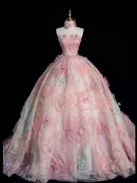 Princessful Ball Gown Strapless Pink Tulle Flower Long Prom Dress,Evening Dress GG1414