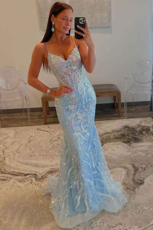 Glamorous Mermaid Spaghetti Straps Light Blue Satin Sequin Applique Long Prom Dress,Evening Dress GG1415