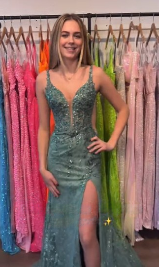 Chic Mermaid Spaghetti Straps Sofa Green Satin Applique Beaded Slit Long Prom Dress,Evening Dress GG1419