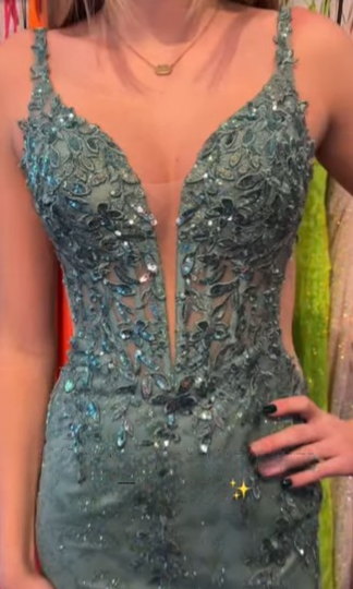 Chic Mermaid Spaghetti Straps Sofa Green Satin Applique Beaded Slit Long Prom Dress,Evening Dress GG1419