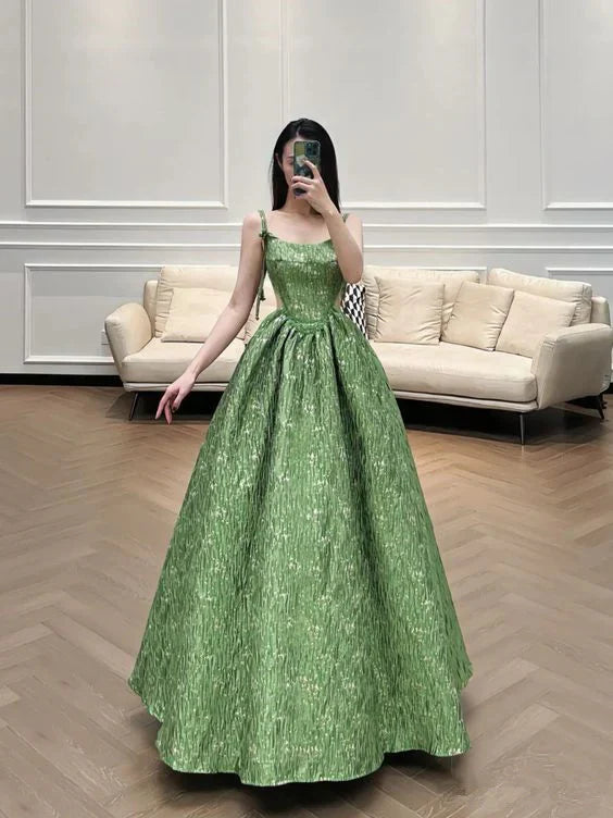 Beautiful A Line Spaghetti Straps Green Satin Long Prom Dresses,Evening Dresses GG142