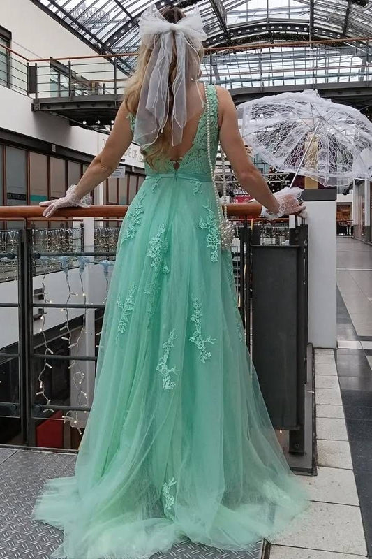 Chic A Line Mint Green Scoop Neck Lace Tulle Applique Long Prom Dress,Evening Dress GG1424