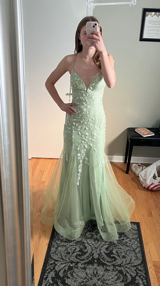 Graceful Mermaid Spaghetti Straps Sage Green Tulle Applique Long Prom Dress,Evening Dress GG1425