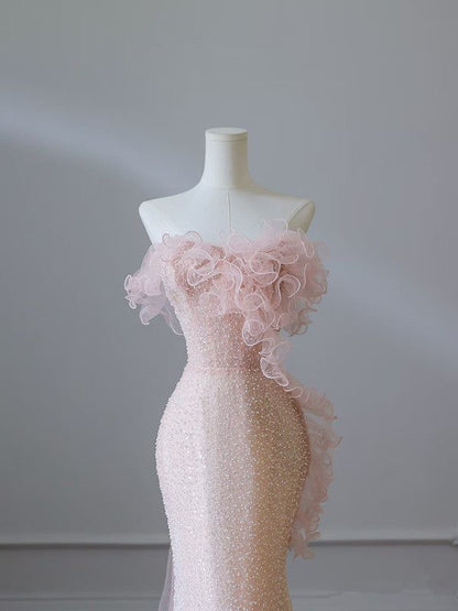 Elegant Mermaid Strapless Pink Tulle Beaded Flowers Long Prom Dress,Wedding Dress,Evening Dress GG1427