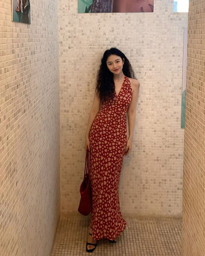 Pretty Mermaid Halter V Neck Burgundy Chiffon Printing Long Prom Dress,Evening Dress GG1440