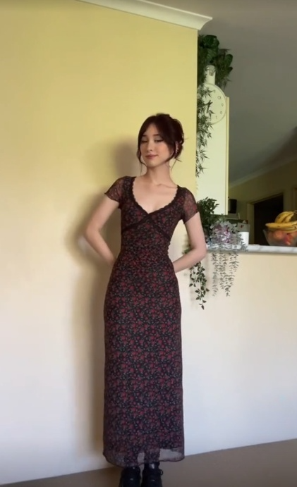 Pretty Mermaid Lace V Neck Black Chiffon Printing Floral Long Prom Dress,Evening Dress GG1442