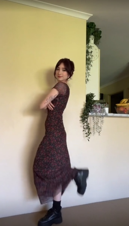 Pretty Mermaid Lace V Neck Black Chiffon Printing Floral Long Prom Dress,Evening Dress GG1442