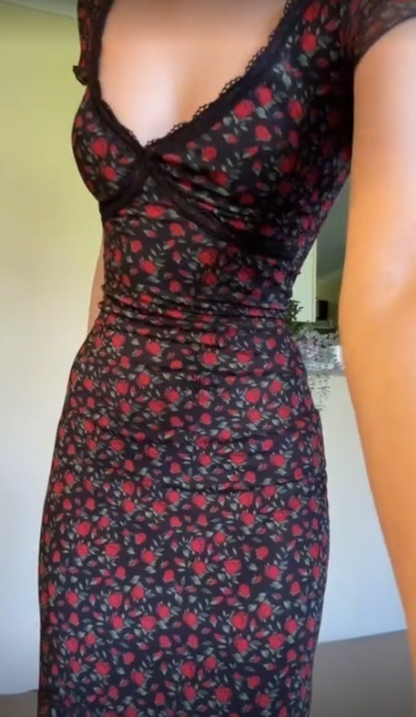 Pretty Mermaid Lace V Neck Black Chiffon Printing Floral Long Prom Dress,Evening Dress GG1442