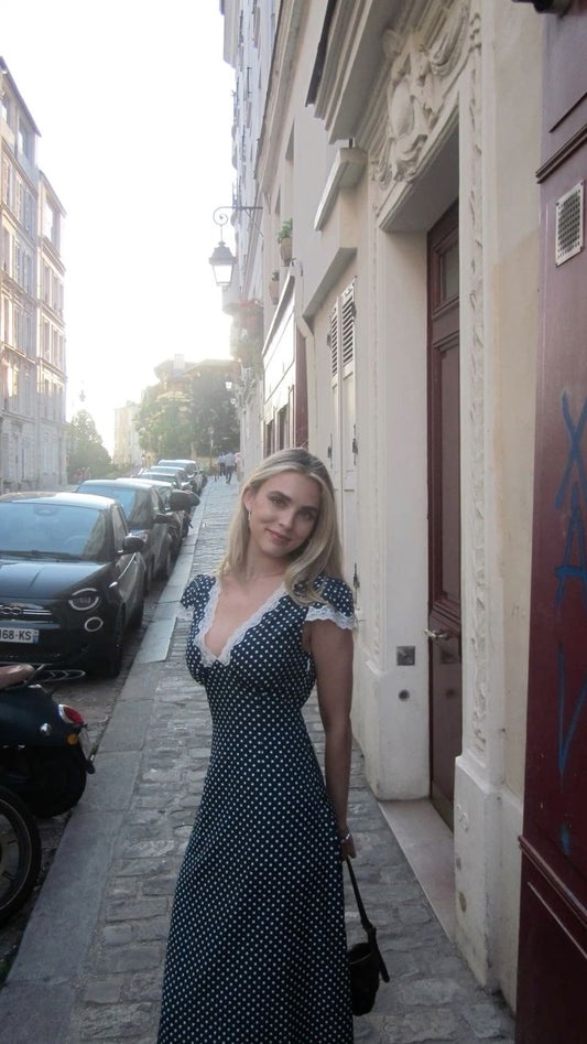 Chic Mermaid Lace V Neck Navy Blue Satin Polka Dot Long Prom Dress,Evening Dress GG1443