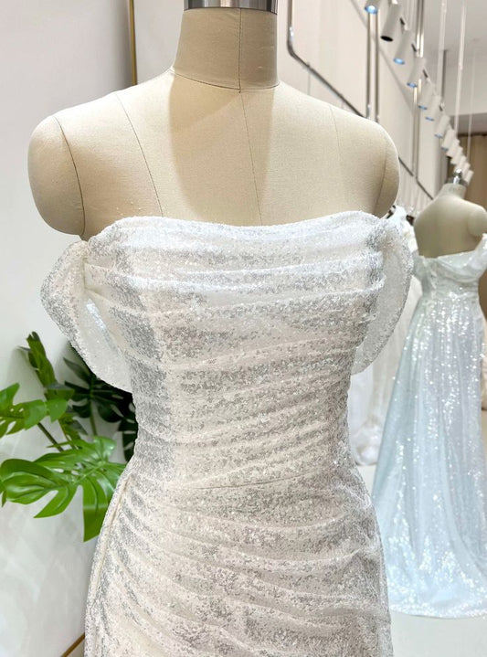 Glitter Mermaid Off The Shoulder White Satin Sequin Slit Long Prom Dress,Evening Dress GG1448