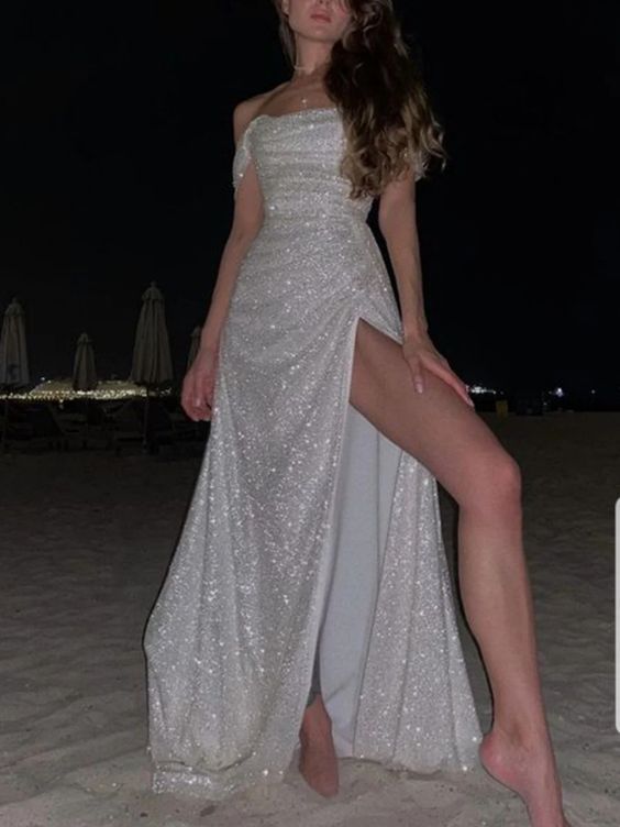 Glitter Mermaid Off The Shoulder White Satin Sequin Slit Long Prom Dress,Evening Dress GG1448