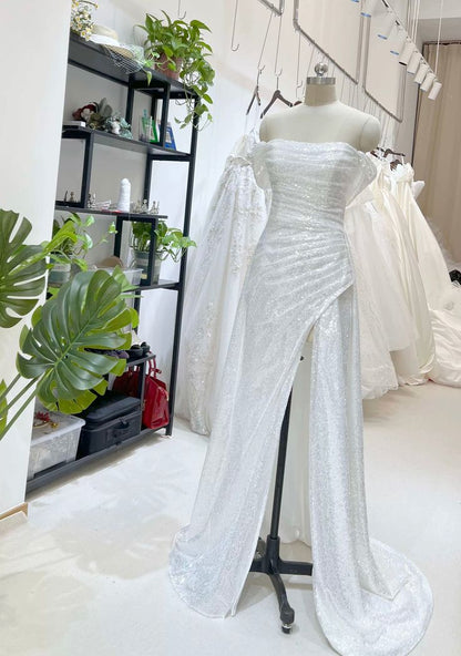 Glitter Mermaid Off The Shoulder White Satin Sequin Slit Long Prom Dress,Evening Dress GG1448