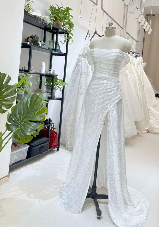 Glitter Mermaid Off The Shoulder White Satin Sequin Slit Long Prom Dress,Evening Dress GG1448