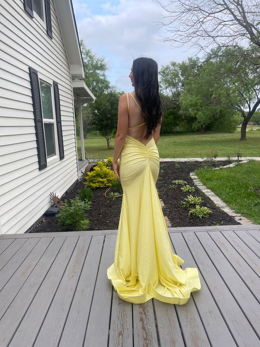 Charming Mermaid Spaghetti Straps Pastel Yellow Satin Beaded Backless Pleated Long Prom Dress,Evening Dress GG1459