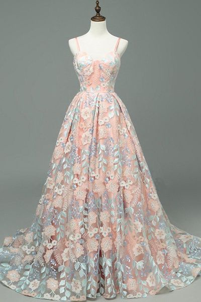Chic A Line Sweetheart Neck Nude Pink Lace Spaghetti Straps Applique Long  Prom Dress,Evening Dresses GG146