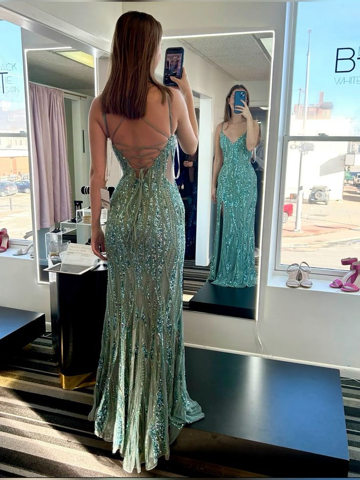 Glitter Mermaid Spaghetti Straps Sequin Slit Long Prom Dress,Evening Dress GG1471