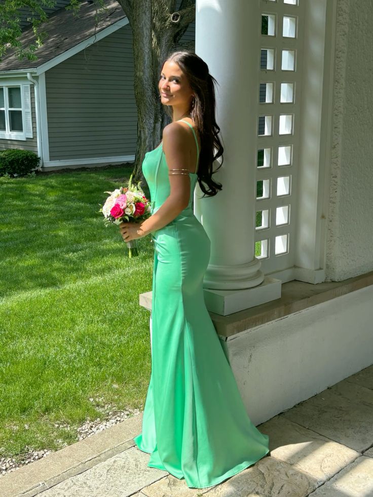 Sexy Mermaid Spaghetti Straps Mint Green Satin Long Prom Dress,Evening Dress GG1474