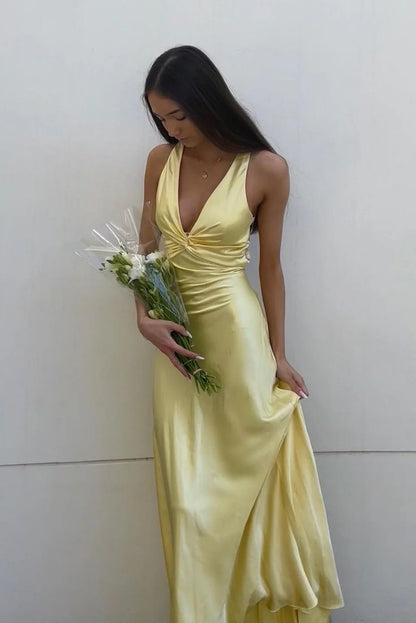 Elegant Mermaid V Neck Satin Pleated Backless Long Prom Dress,Evening Dress GG1478