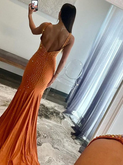 Gorgeous Mermaid V Neck Satin Beaded Long Prom Dress,Evening Dress GG1492