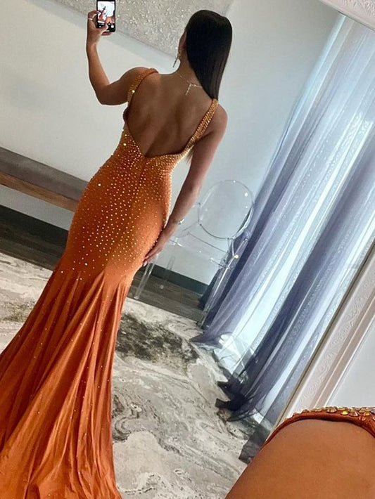 Gorgeous Mermaid V Neck Satin Beaded Long Prom Dress,Evening Dress GG1492