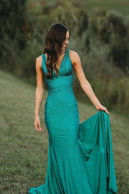 Gorgeous Mermaid V Neck Satin Beaded Long Prom Dress,Evening Dress GG1492