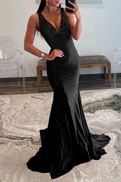 Gorgeous Mermaid V Neck Satin Beaded Long Prom Dress,Evening Dress GG1492