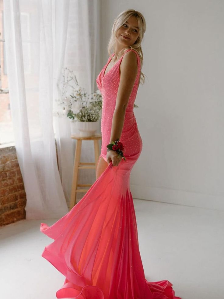 Gorgeous Mermaid V Neck Satin Beaded Long Prom Dress,Evening Dress GG1492