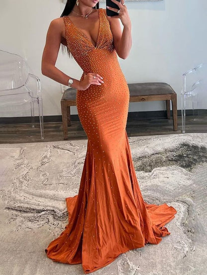 Gorgeous Mermaid V Neck Satin Beaded Long Prom Dress,Evening Dress GG1492