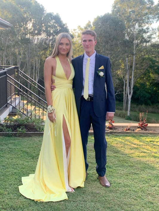 Sexy A Line  Halter V Neck Pastel Yellow Satin Slit Long Prom Dress,Evening Dress GG1493