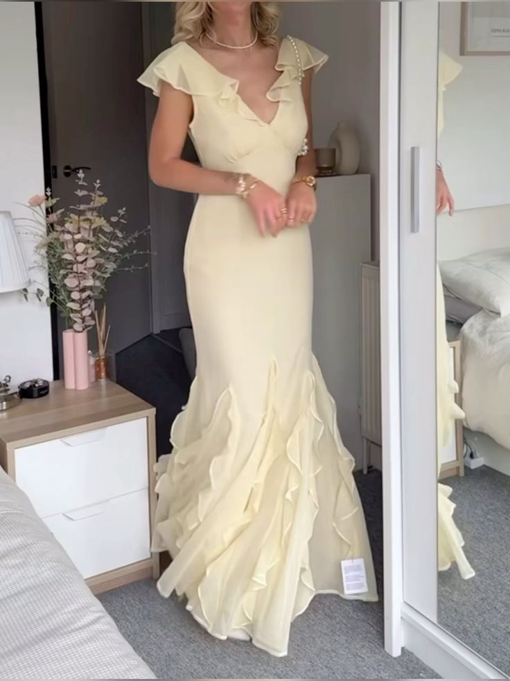 Charming Mermaid V Neck Pastel Yellow Chiffon Ruffles Long Prom Dress,Evening Dress GG1494