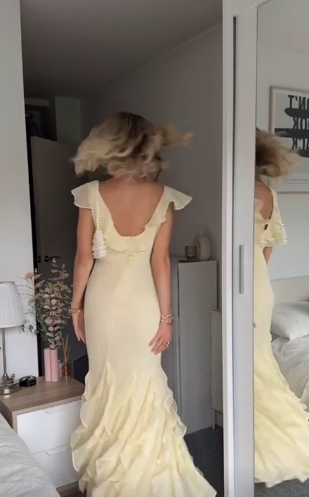 Charming Mermaid V Neck Pastel Yellow Chiffon Ruffles Long Prom Dress,Evening Dress GG1494