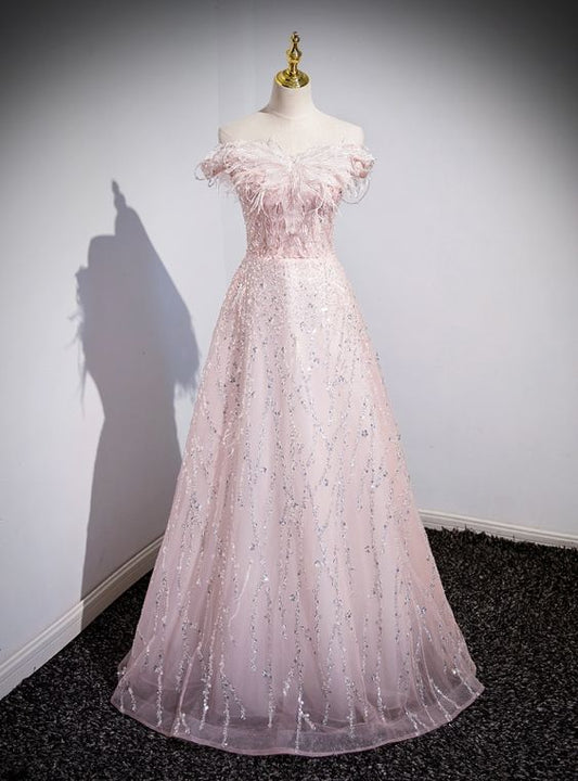 Elegant A Line  Off The Shoulder  Pink Tulle Sequins Pearls Long Prom Dress ,Evening Dresses GG150