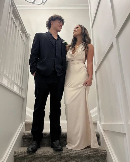 Elegant A Line Halter Ivory Satin Backless Long Prom Dress,Evening Dress GG1508