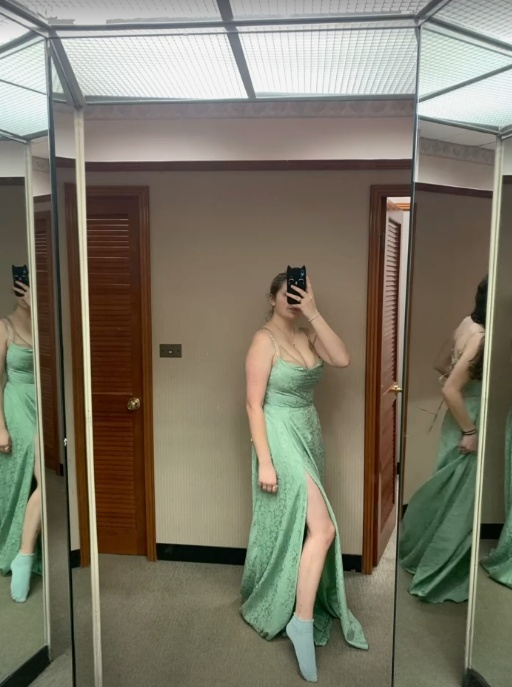 Charming A Line Spaghetti Straps Mint Green Satin Printing With Pocket Long Prom Dress,Evening Dress GG1510