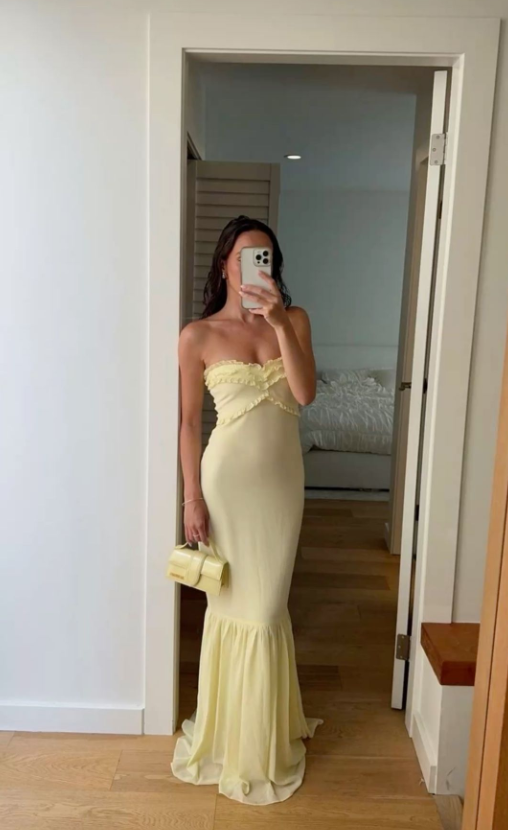 Elegant Mermaid Strapless Pastel Yellow Satin Chiffon Long Prom Dress,Evening Dress GG1511