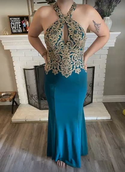 Sexy Mermaid Halter Embroidery Applique Satin Backless Long Prom Dress,Evening Dress GG1512