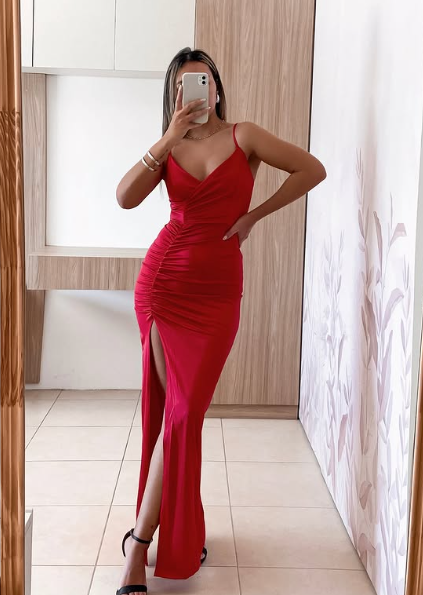 Charming Mermaid Spaghetti Straps Satin Pleated Slit Long Prom Dress,Evening Dress GG1515