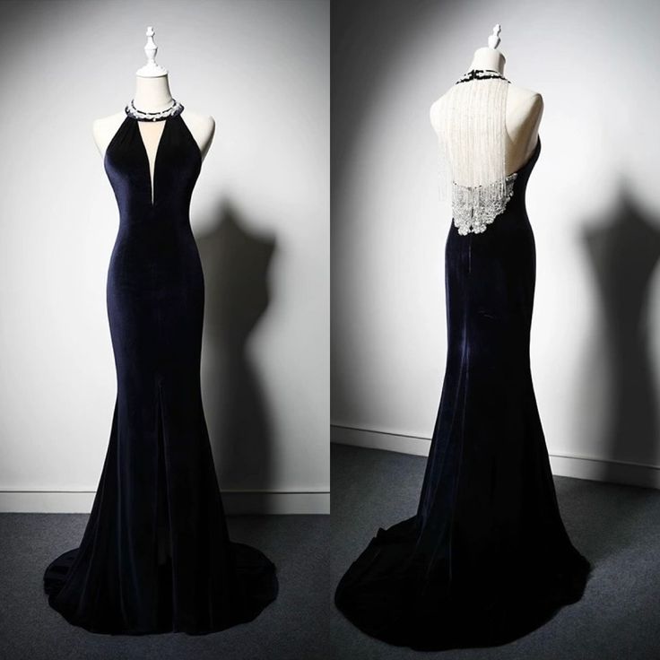 Princess Style Mermaid Halter V Neck Velvet Back Tassel Long Prom Dress,Evening Dress GG1517