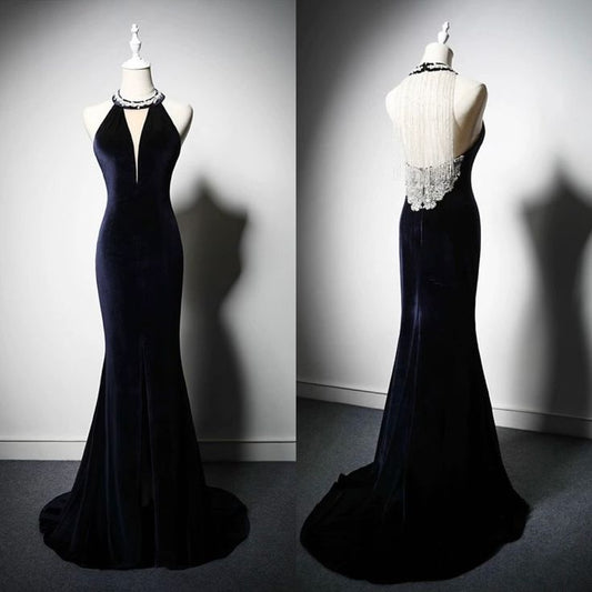 Princess Style Mermaid Halter V Neck Velvet Back Tassel Long Prom Dress,Evening Dress GG1517