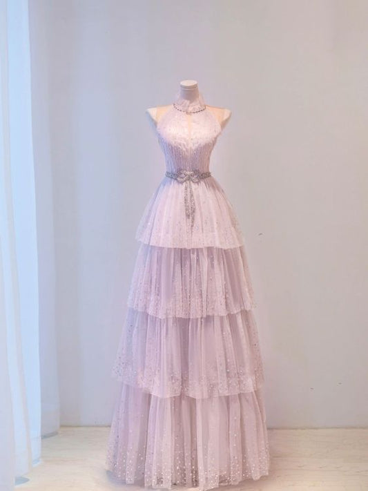 Fairy A Line Halter Pink Tulle Tiered Long Prom Dress,Evening Dress GG1518