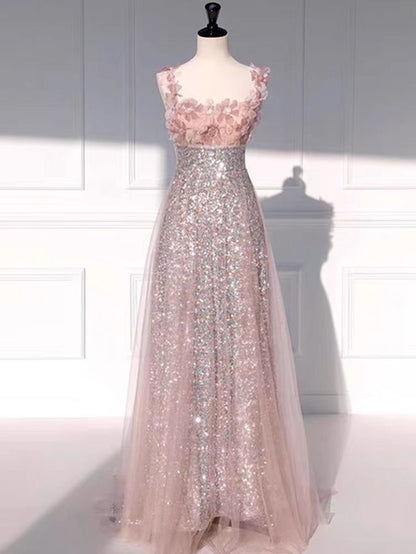 Fairy  A Line Square Spaghetti Strap Sequin Tulle Glitter Long Prom Dress,Evening Dresses GG152