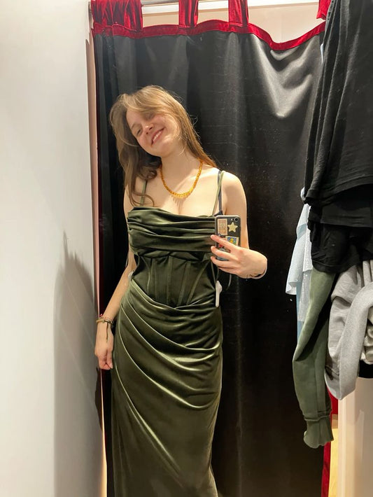 Chic Mermaid Spaghetti Straps Dark Green Satin Pleated Long Prom Dress,Evening Dress GG1521