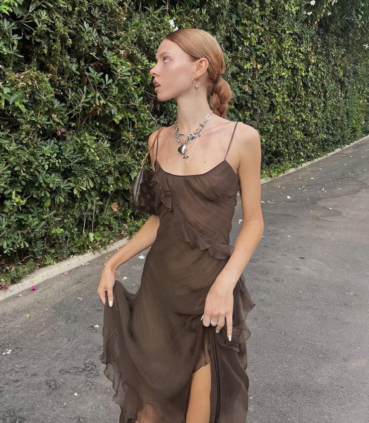 Elegant Mermaid Spaghetti Straps Brown Chiffon Ruffles Long Prom Dress,Evening Dress GG1525