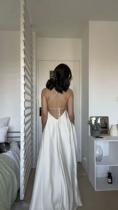 Elegant A Line Spaghetti Straps White Satin Long Prom Dress,Evening Dress GG1526