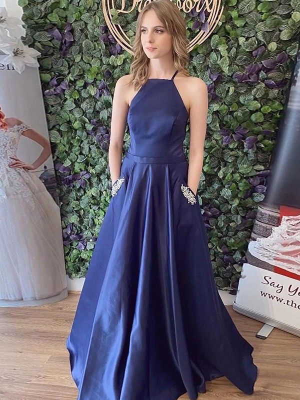 Simple A Line Halter Straps Navy Satin With Pocket Long Prom Dress,Evening Dress GG1530
