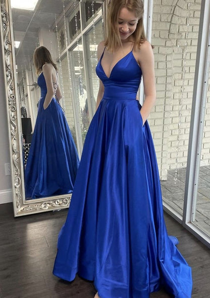 Simple A Line Spaghetti Straps V Neck Satin With Pocket Long Prom Dress,Evening Dress GG1531