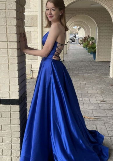 Simple A Line Spaghetti Straps V Neck Satin With Pocket Long Prom Dress,Evening Dress GG1531