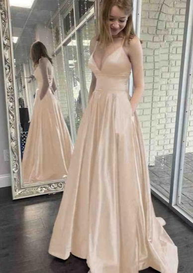 Simple A Line Spaghetti Straps V Neck Satin With Pocket Long Prom Dress,Evening Dress GG1531
